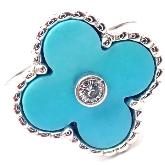 Authentic! Van Cleef & Arpels Alhambra 18k Gold Diamond Turquoise Ring Paper - Picture 2 of 11